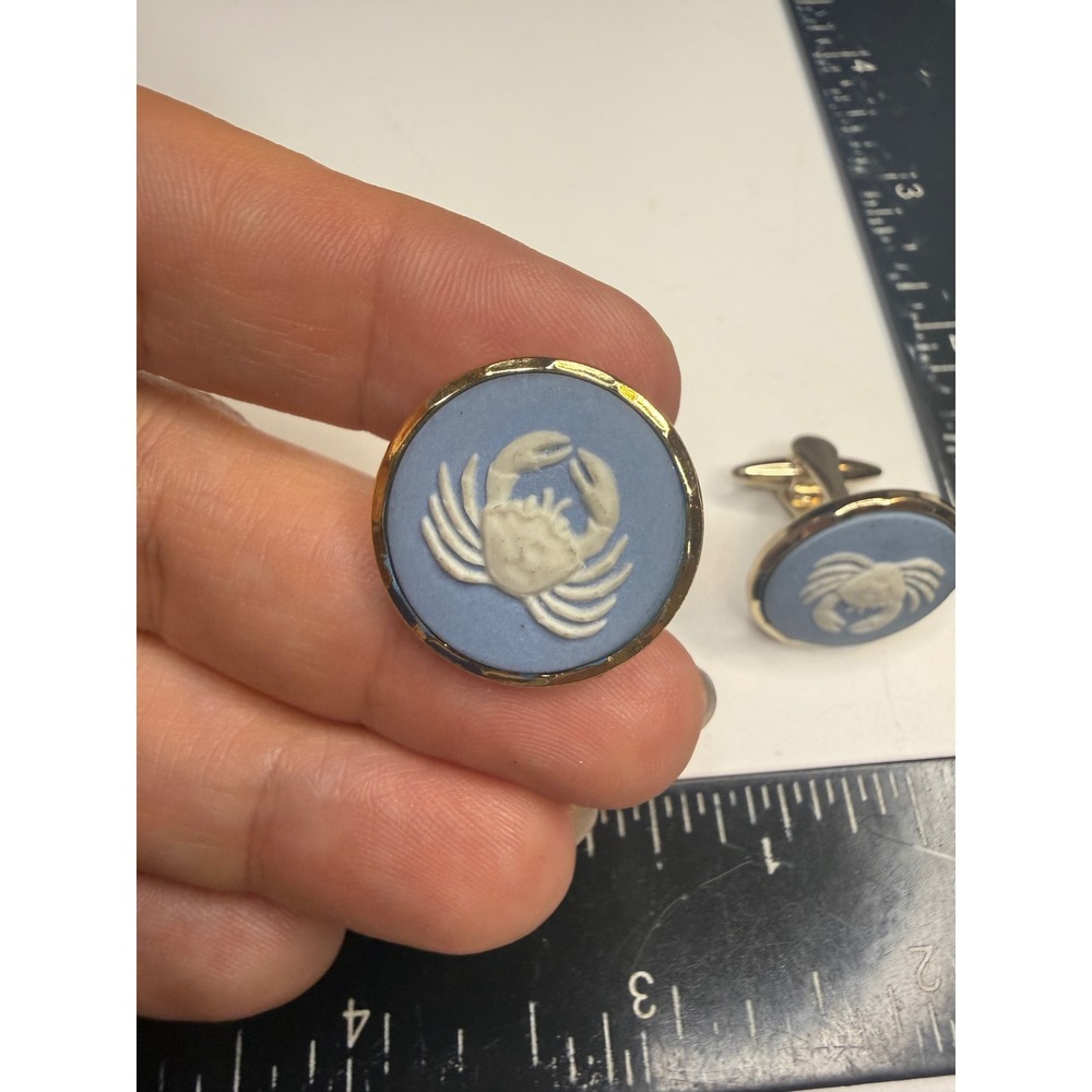 Gold Tone Blue Jasperware Style Crab Cufflinks Nautical Coastal PAT 1144883